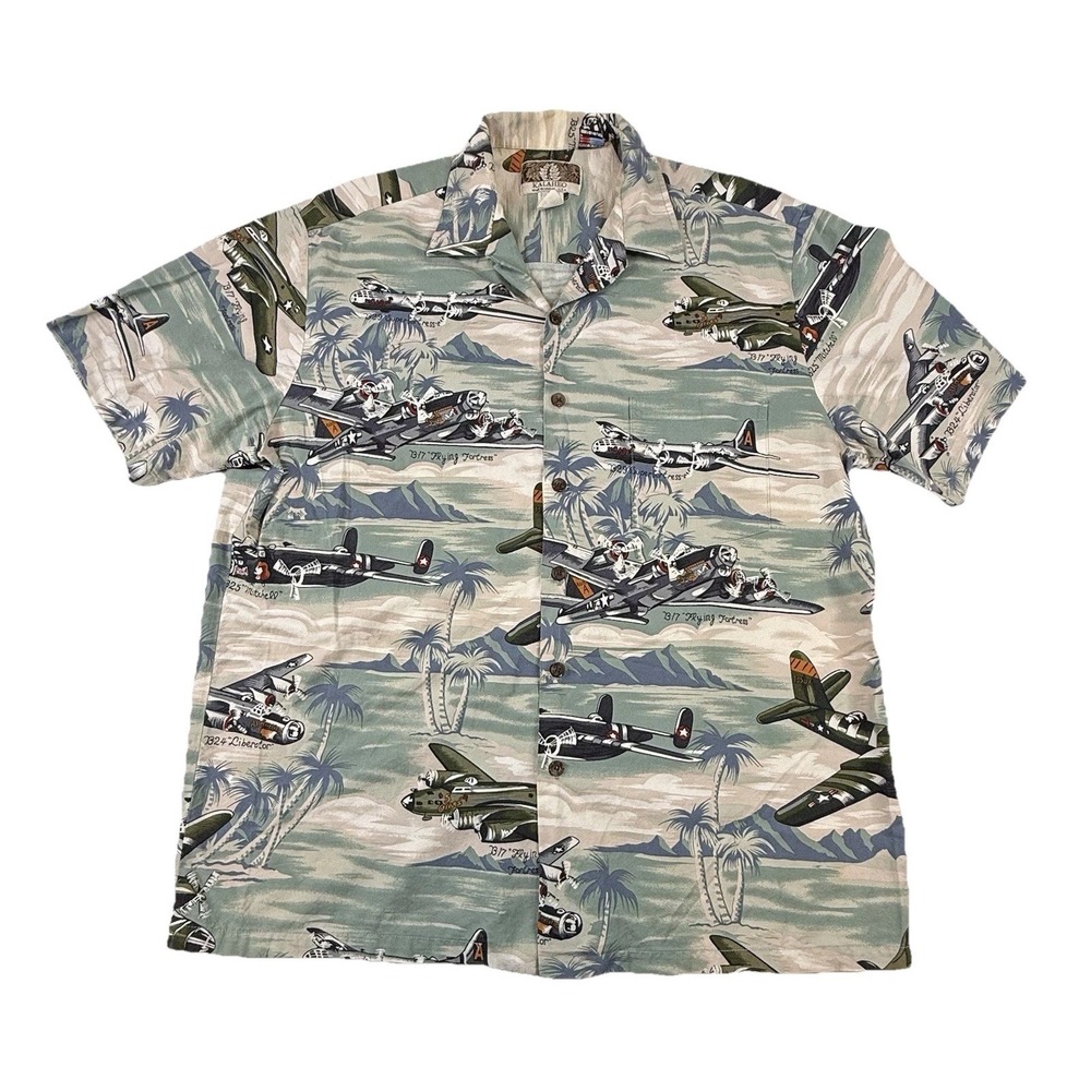 VTG Kalaheo Hawaiian Shirt Mens L Military WWII War Planes B26 B17 B24 B25 USA